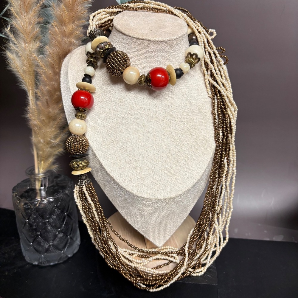 Vintage Y2K New York‎ & Co Beaded Necklace | White Cream Red Brown | Boho Ethnic